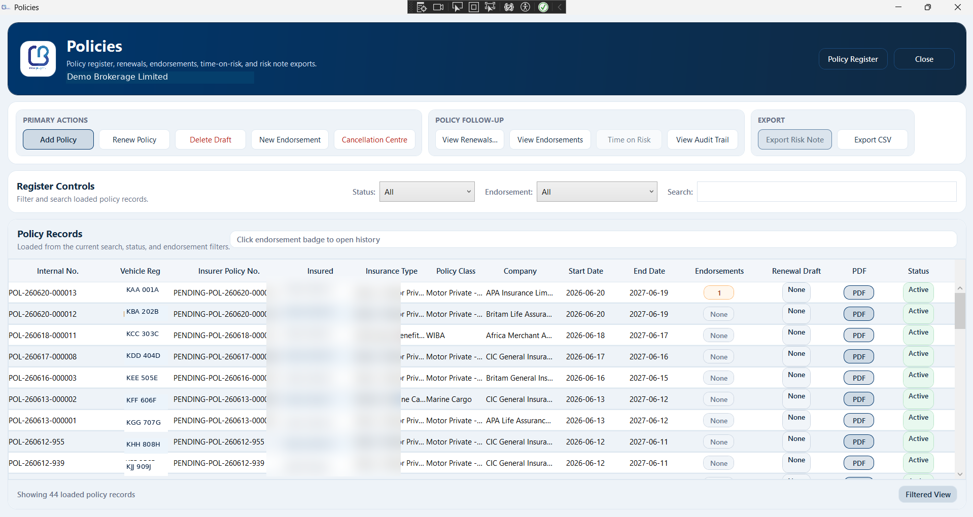 Policy Register screenshot